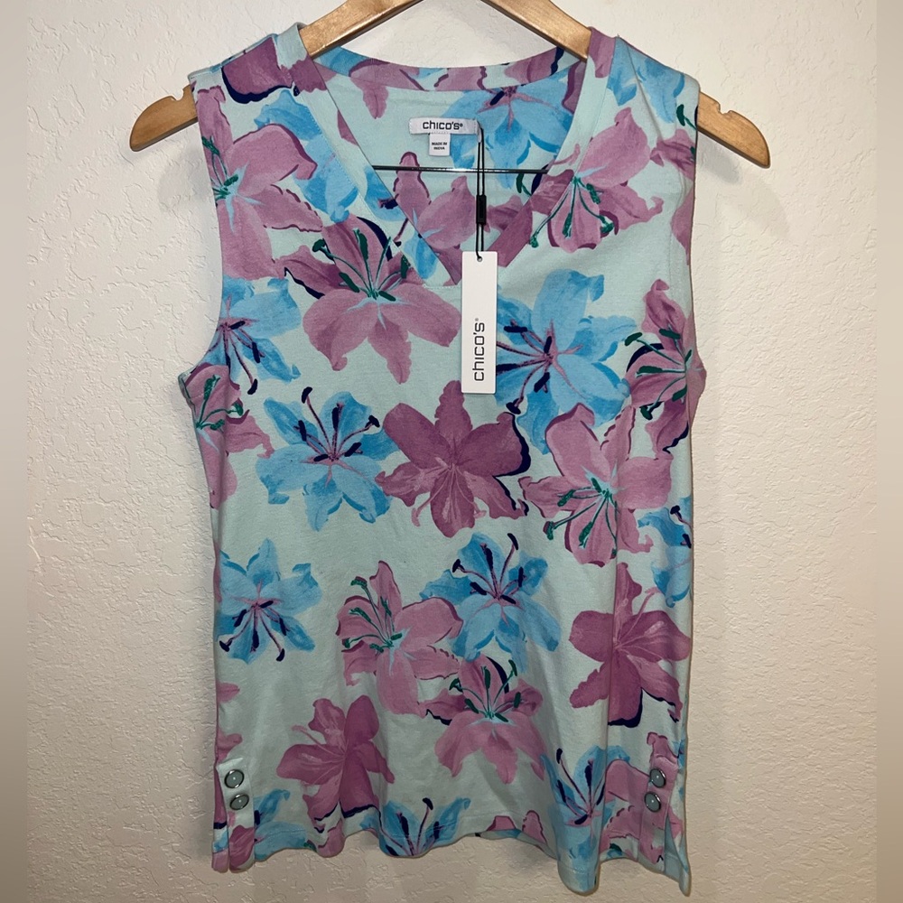 Chico's Aqua Sleeveless V-Neck Tank with Pink & Blue Floral Print